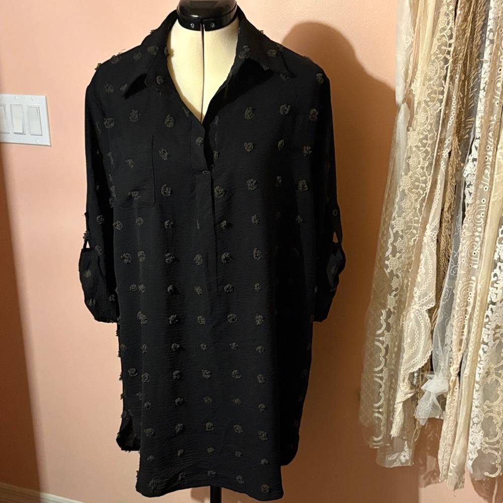 Black Textured Button-Down Shirt Dress with Roll-Tab Sleeves